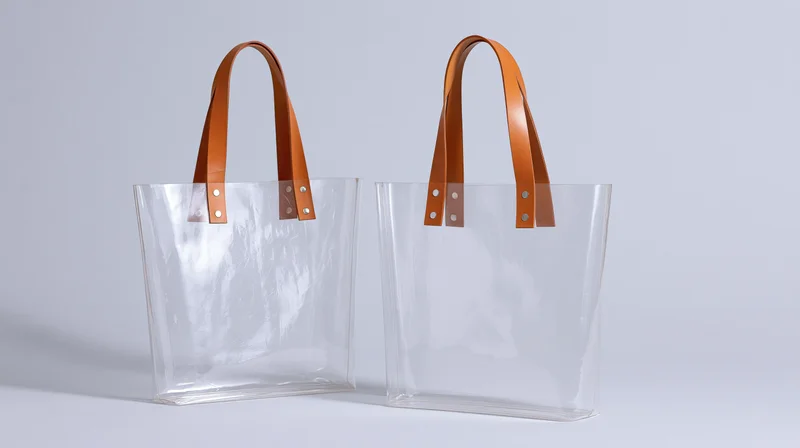Two clear pvc tote bags with tan leather handles standing upright on white surface
