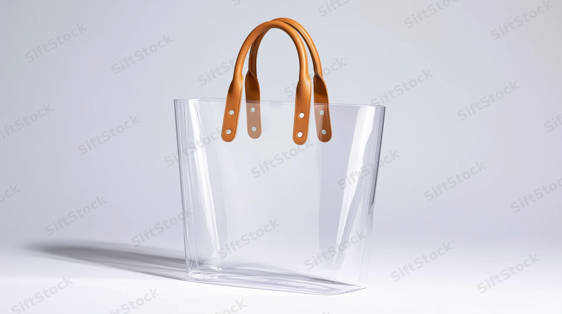 Clear pvc tote bag with tan leather handles standing upright on white background