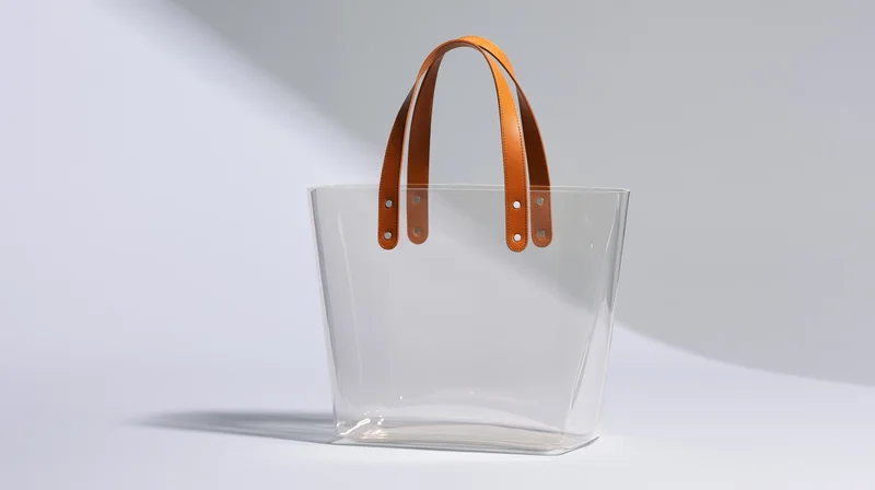 Clear pvc tote bag with tan leather handles standing upright on white surface