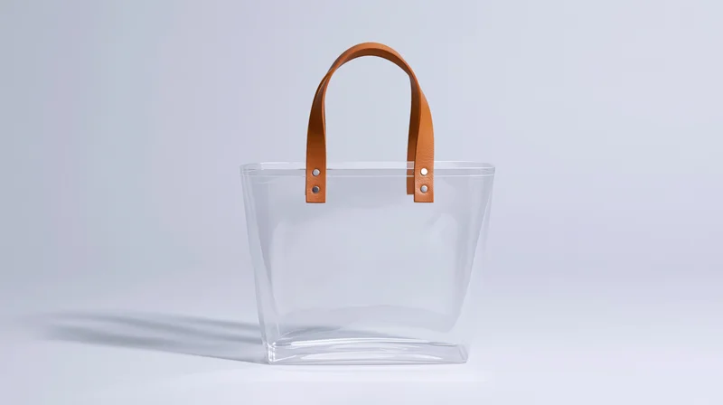 Clear pvc tote bag with tan leather handles standing upright on white surface