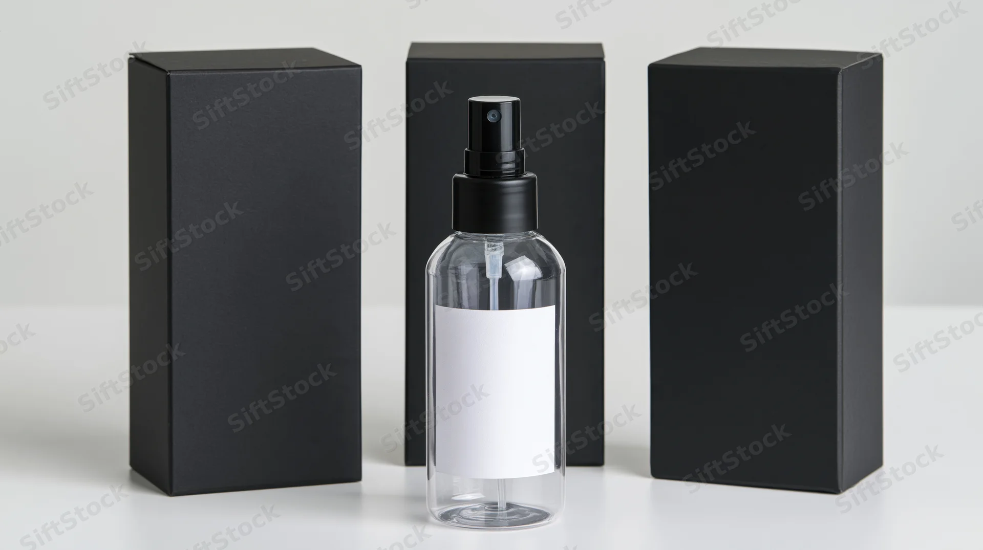 Clear plastic spray bottle with blank white label and black pump between three black boxes on white surface