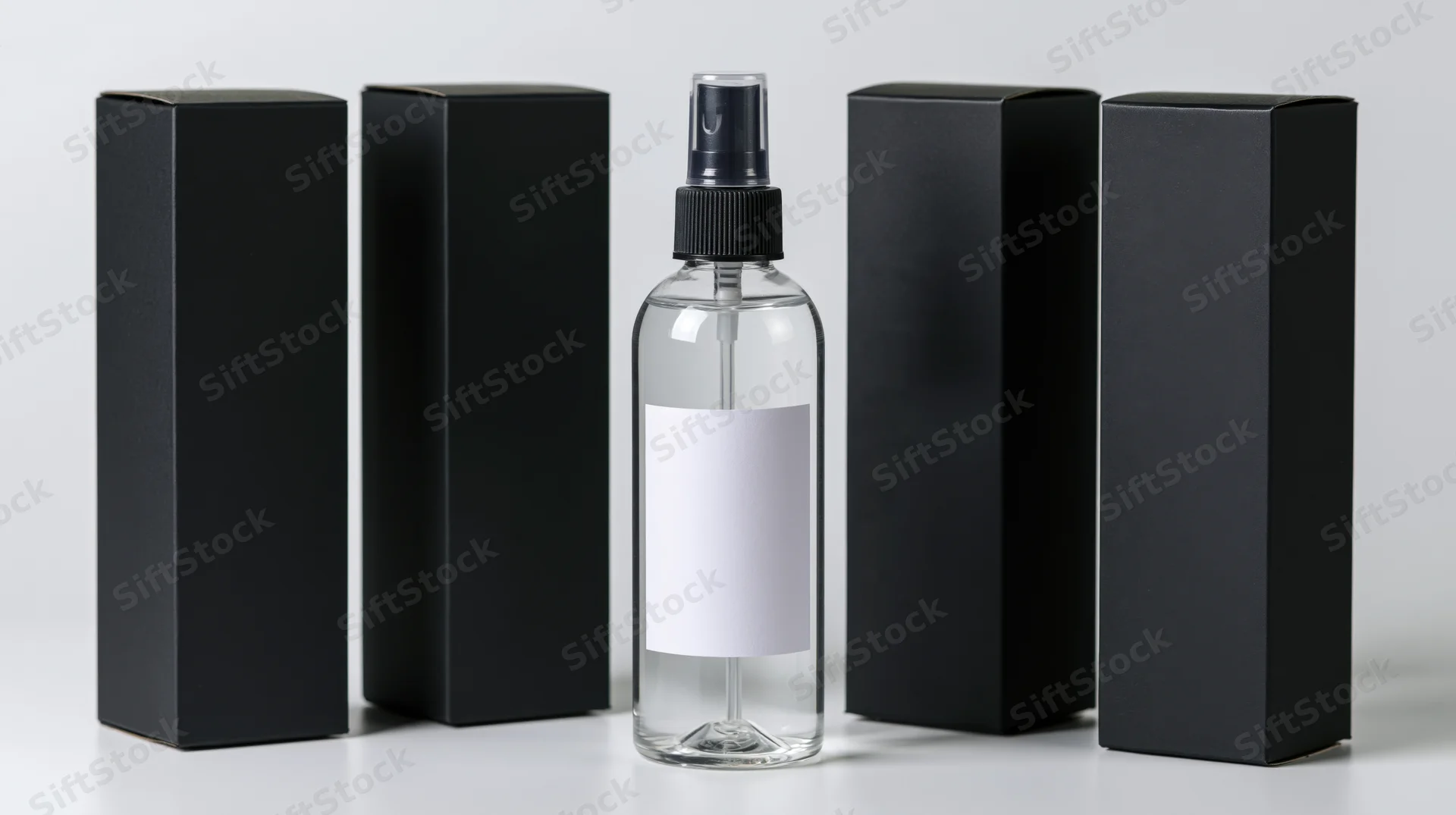Clear plastic spray bottle with blank white label and black boxes arranged symmetrically on white surface
