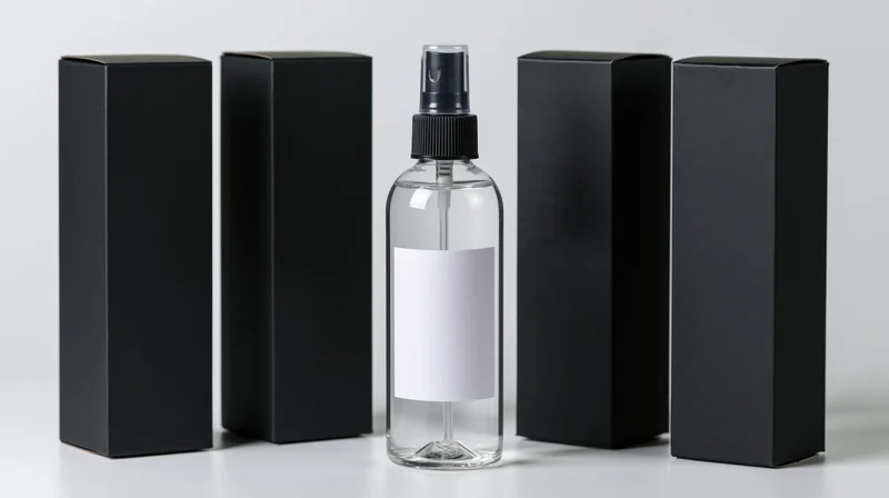 Clear plastic spray bottle with blank white label and black boxes arranged symmetrically on white surface
