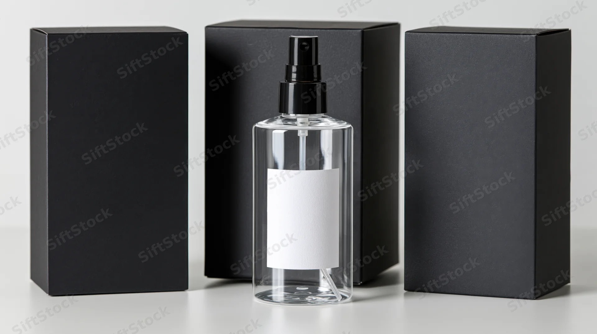 Clear plastic spray bottle with blank white label and black pump between three black boxes on white surface