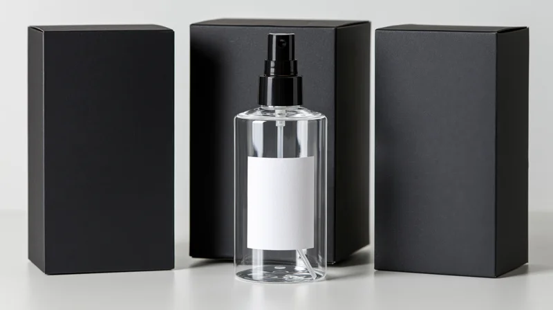 Clear plastic spray bottle with blank white label and black pump between three black boxes on white surface