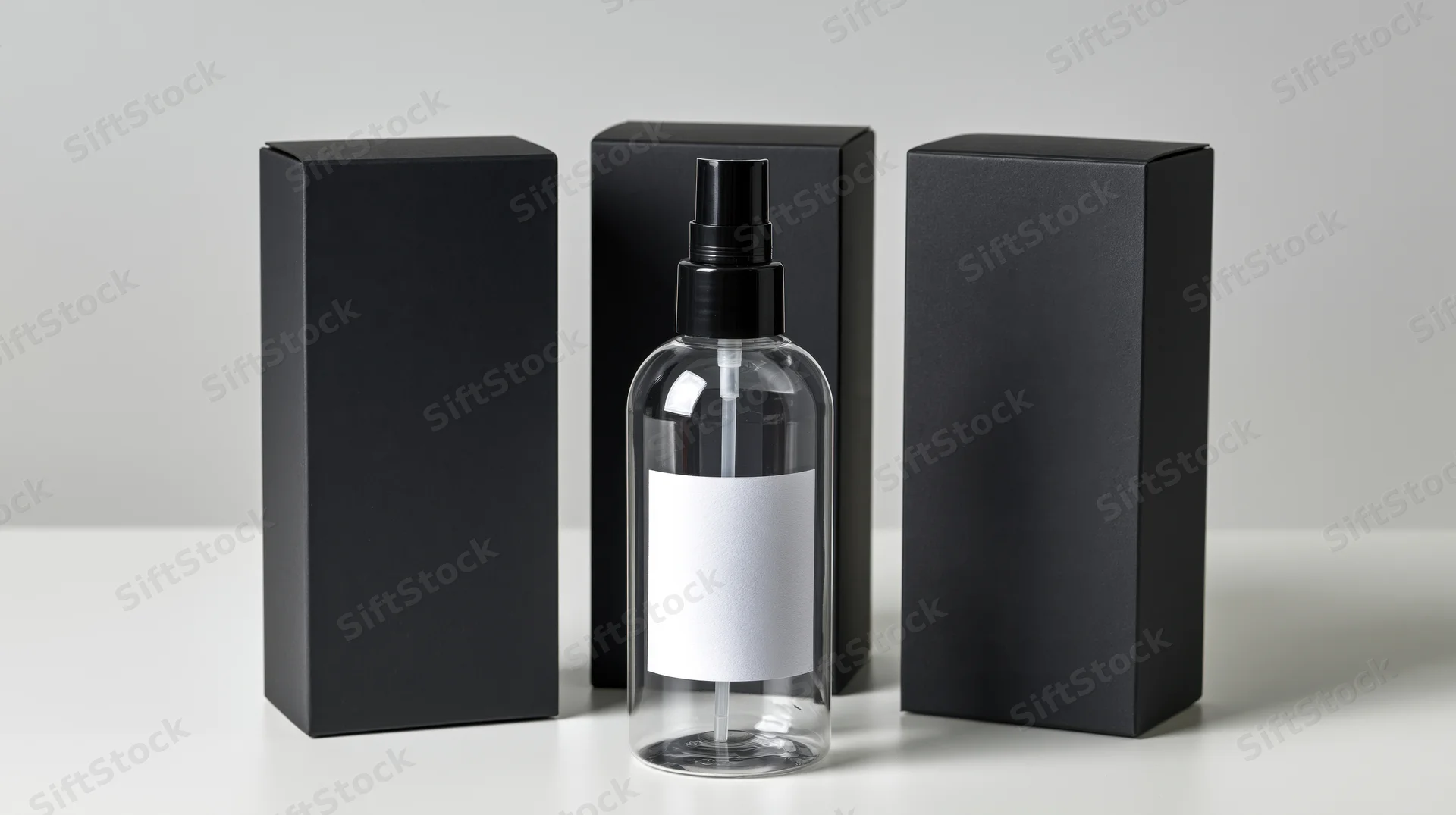 Clear plastic spray bottle with blank white label and black pump between three black boxes on white surface