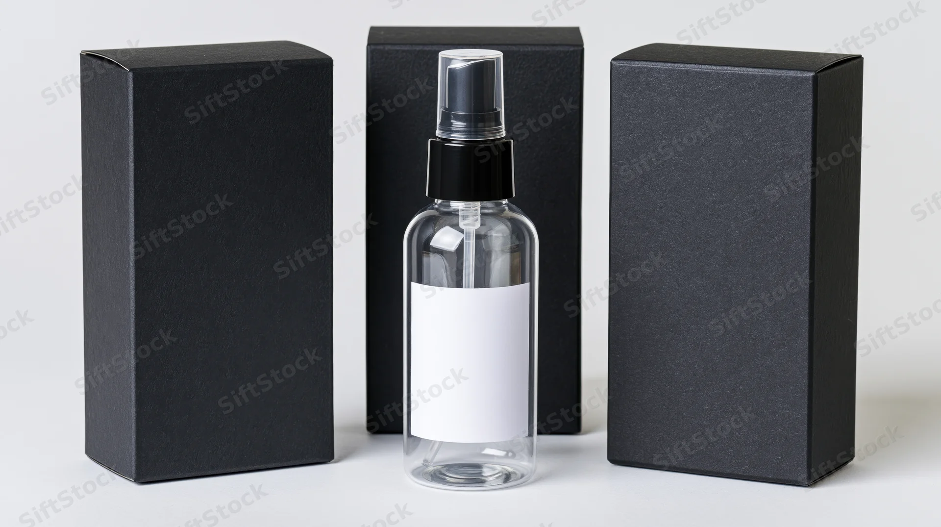 Clear plastic spray bottle with blank white label and black pump between three black boxes on white surface