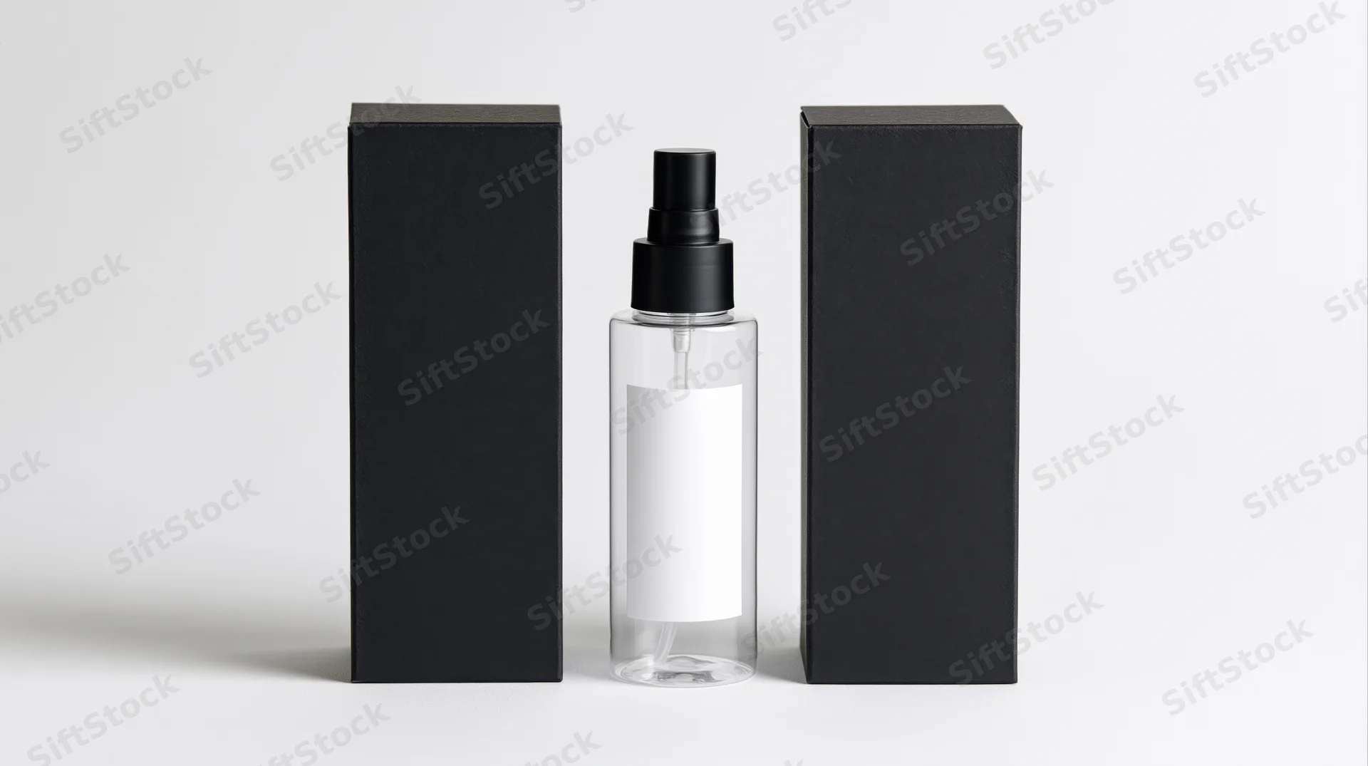 Clear plastic spray bottle with blank white label and black pump between two black boxes on white background