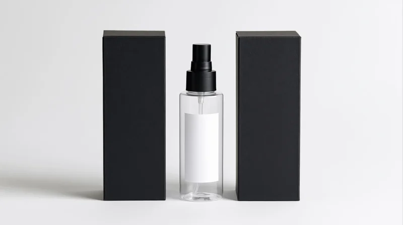Clear plastic spray bottle with blank white label and black pump between two black boxes on white background