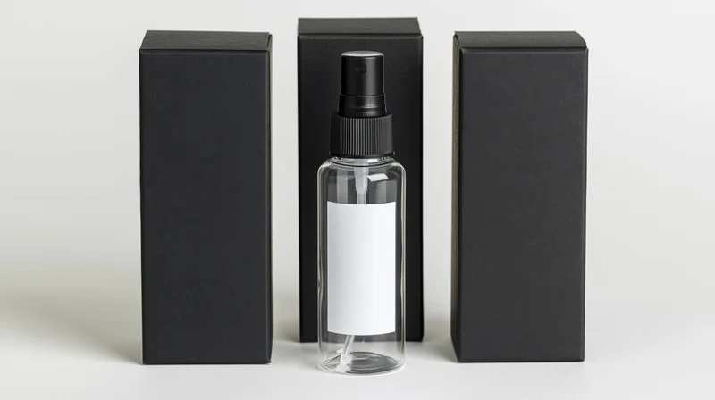 Clear plastic spray bottle with blank white label and black pump cap flanked by three black rectangular boxes on white surface