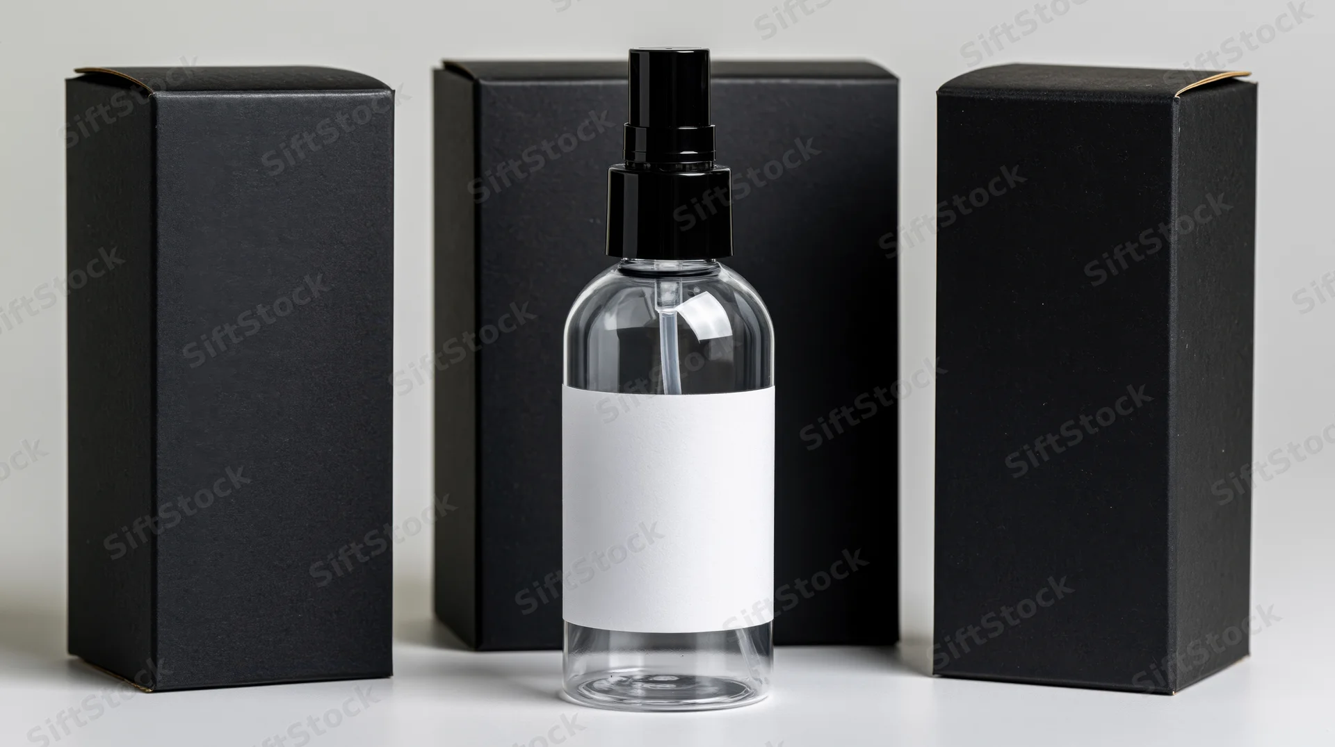 Clear plastic spray bottle with blank white label and black pump between black boxes on white surface