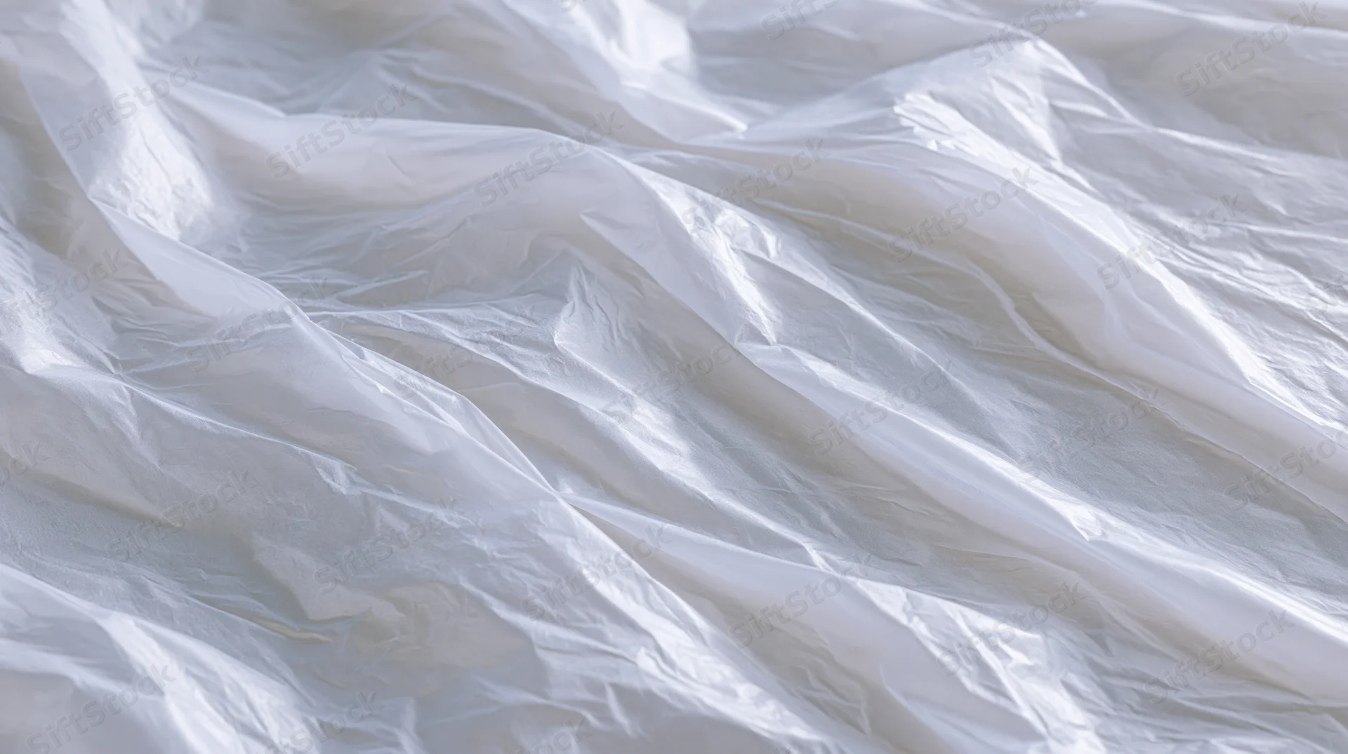 Crumpled white plastic wrap surface with folds and light reflections