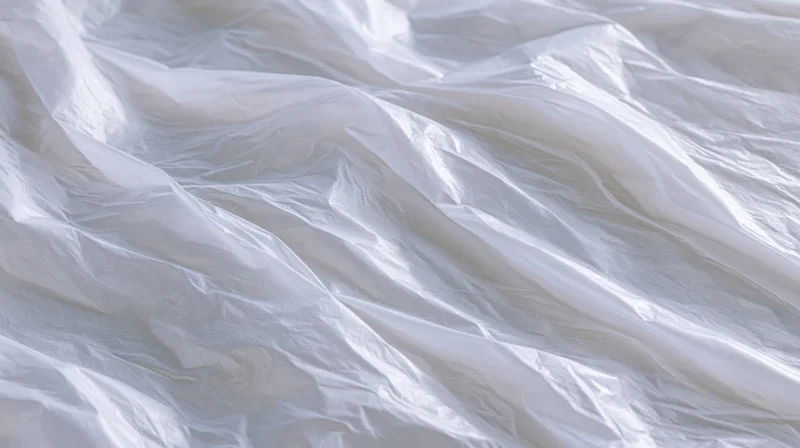 Crumpled white plastic wrap surface with folds and light reflections