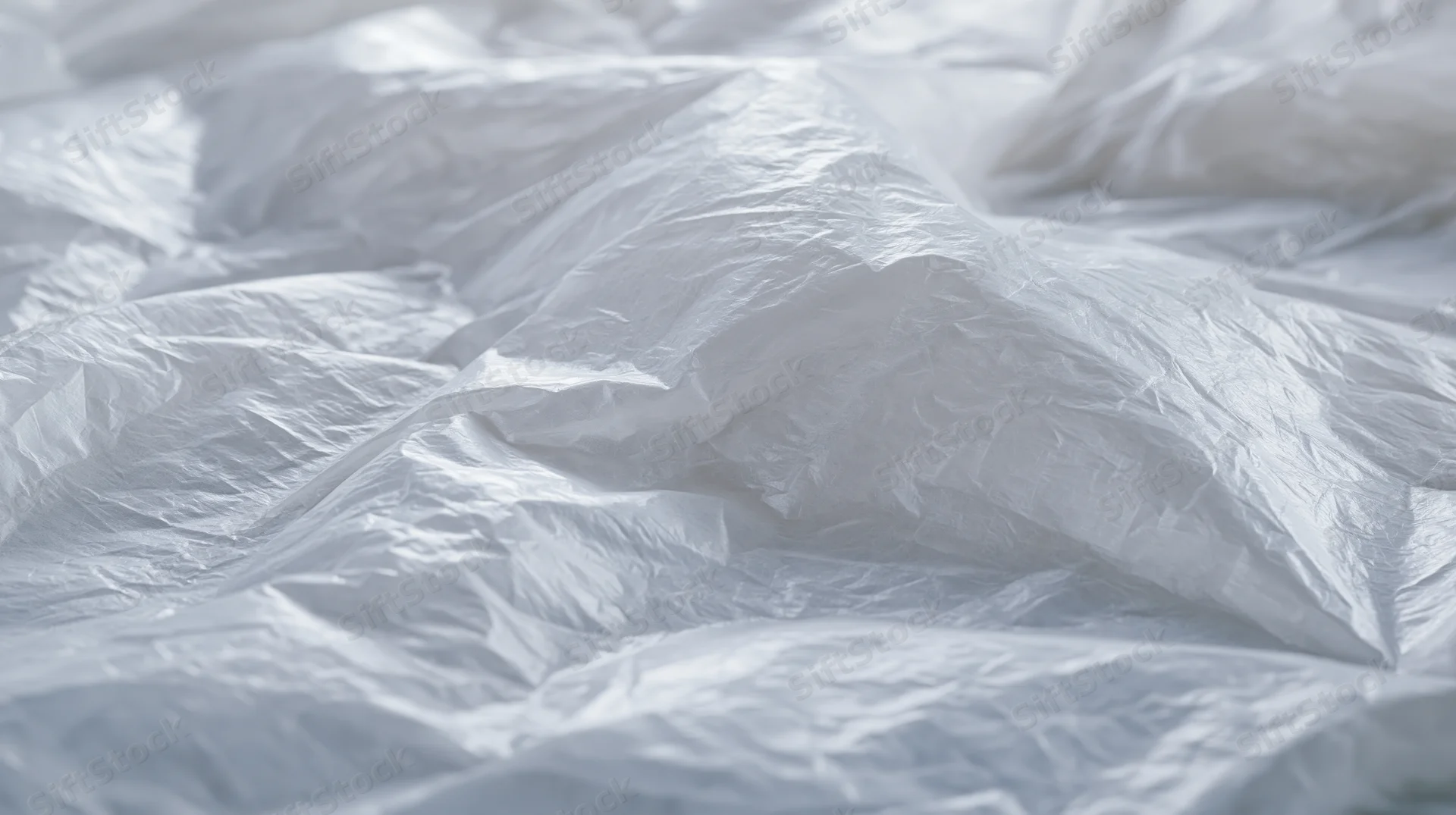 Crumpled white plastic wrap surface with folds and creases filling the frame
