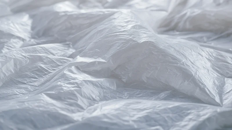 Crumpled white plastic wrap surface with folds and creases filling the frame