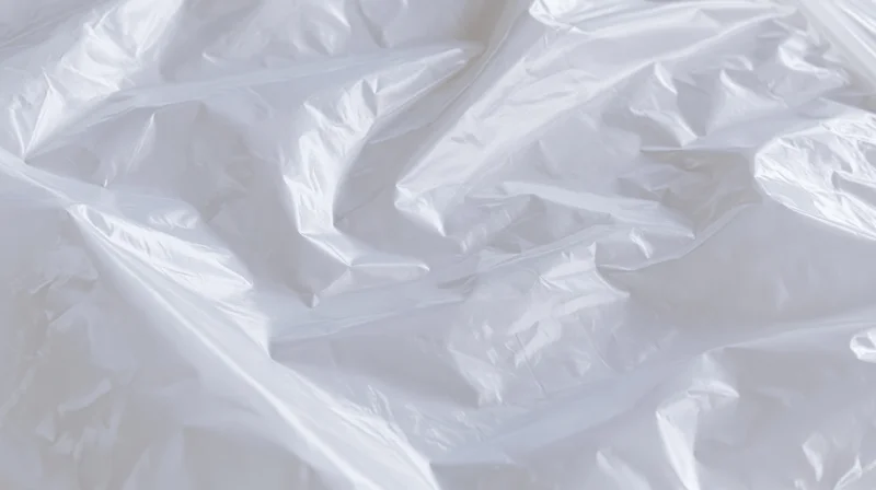 Crumpled white plastic bag lying flat on a white surface