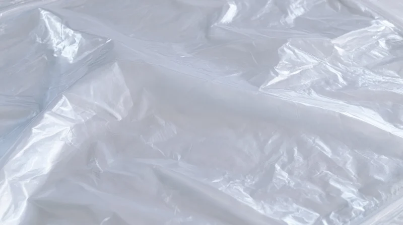 Crumpled transparent plastic film on white surface