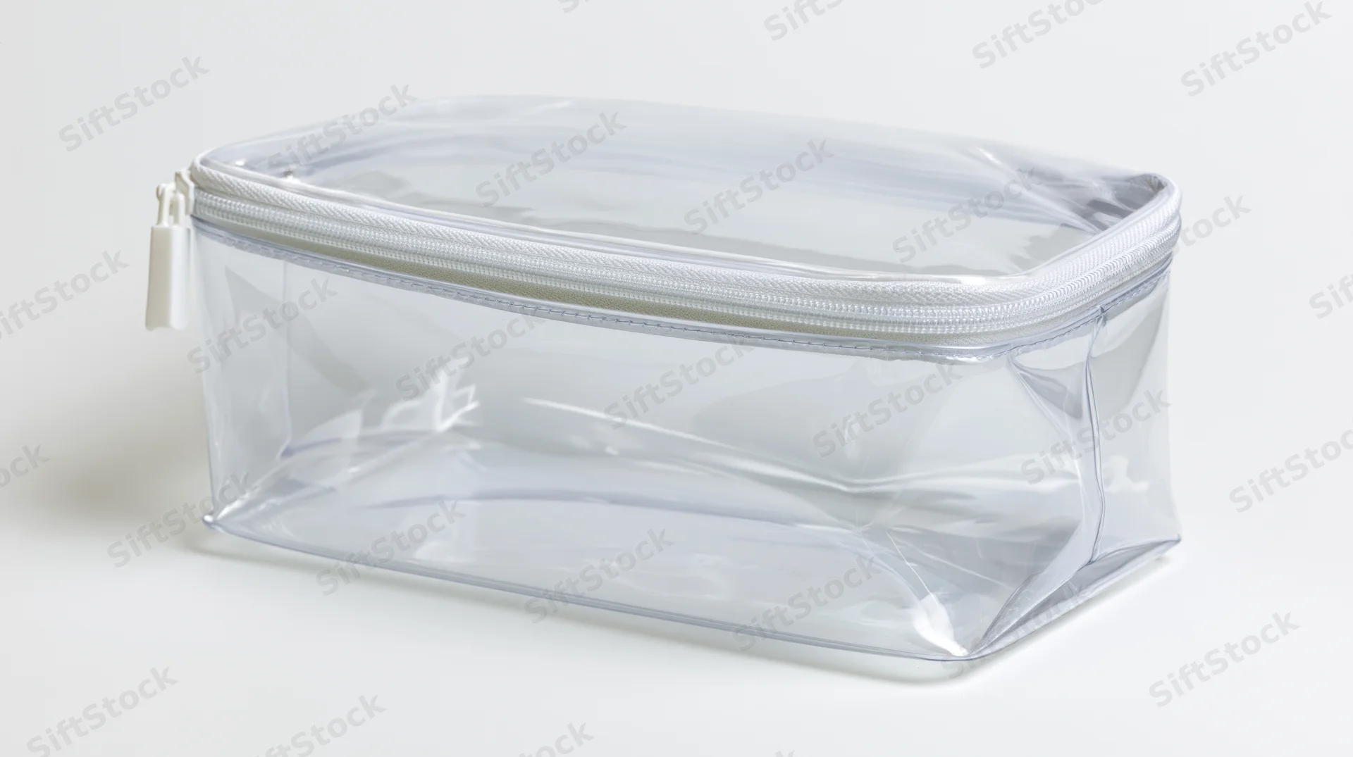 Clear transparent pvc toiletry pouch with white zipper trim on white background