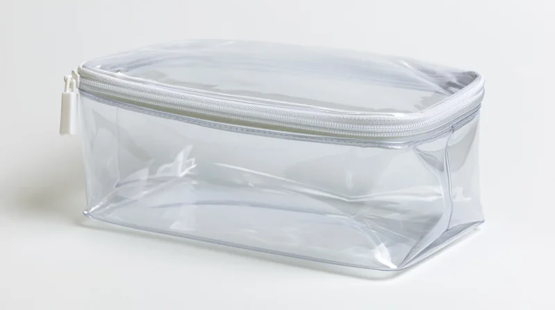 Clear transparent pvc toiletry pouch with white zipper trim on white background