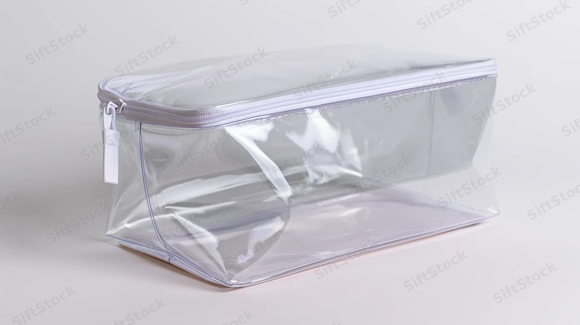 Clear transparent pvc toiletry pouch with white zipper trim on white background