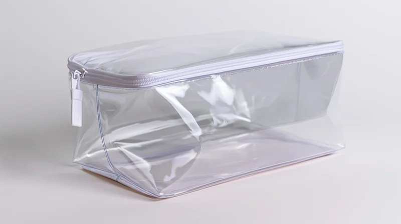 Clear transparent pvc toiletry pouch with white zipper trim on white background