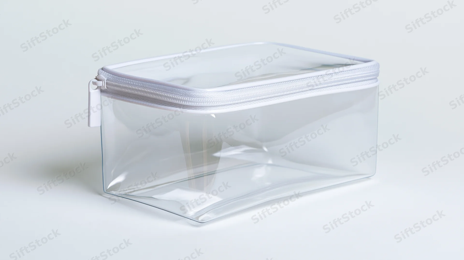 Clear transparent pvc toiletry pouch with white zipper trim on white background