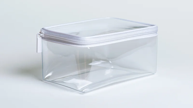 Clear transparent pvc toiletry pouch with white zipper trim on white background