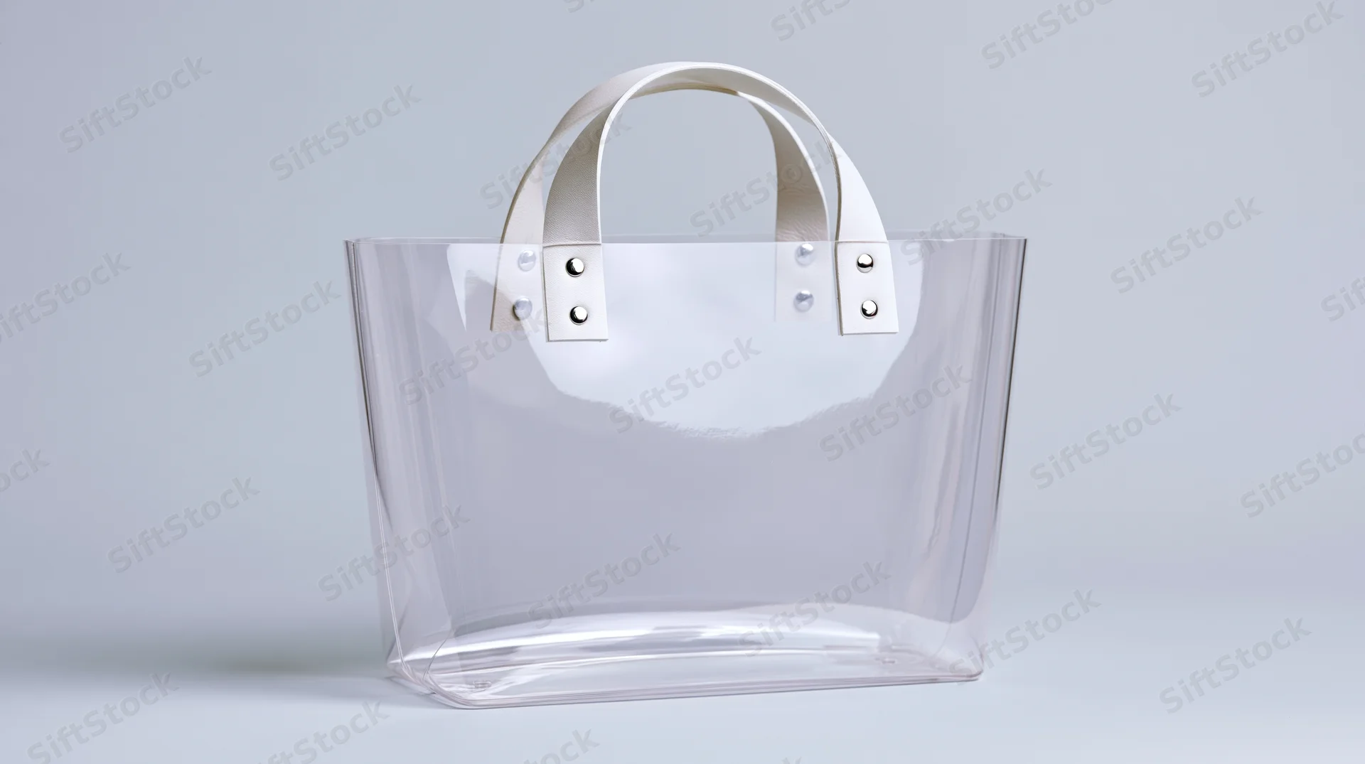 Transparent pvc tote bag with white handles standing upright on a light gray surface