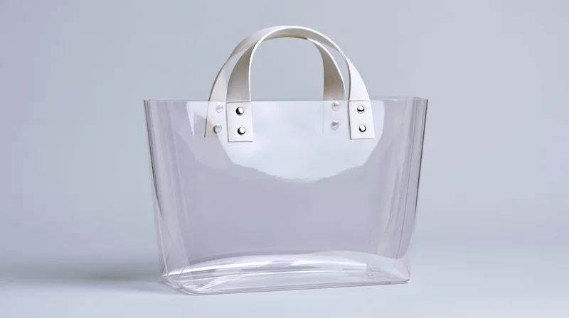 Transparent pvc tote bag with white handles standing upright on a light gray surface