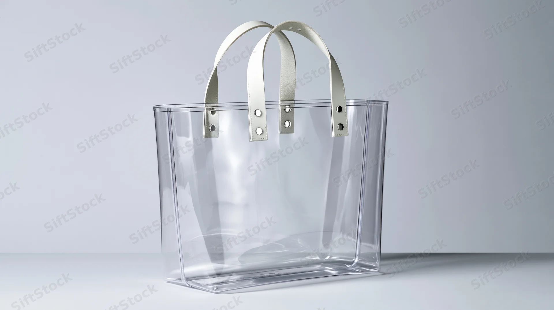 Transparent pvc tote bag standing upright on a white surface with copyspace