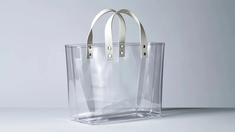 Transparent pvc tote bag standing upright on a white surface with copyspace