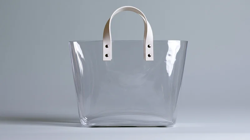 Transparent pvc tote bag with white handles standing upright on a gray surface