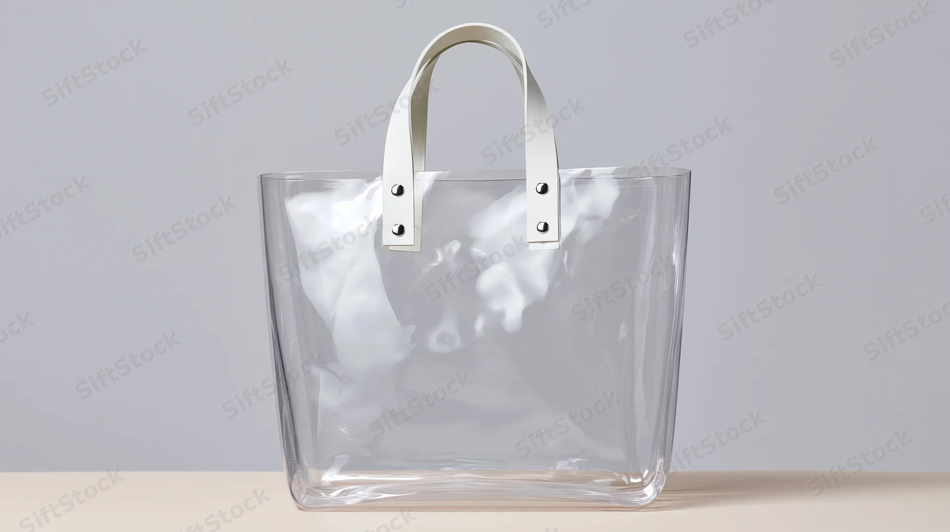 Transparent pvc tote bag with white handles standing upright on a flat surface