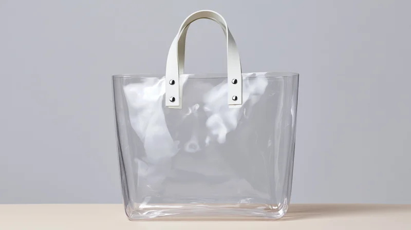 Transparent pvc tote bag with white handles standing upright on a flat surface