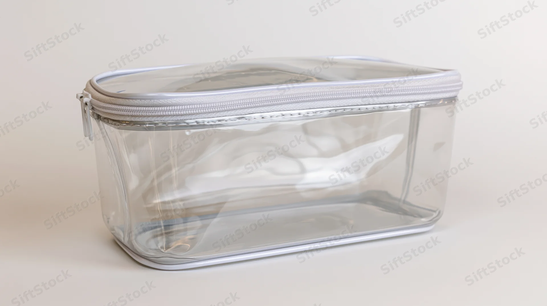 Clear transparent pvc zippered toiletry pouch sitting upright on white surface