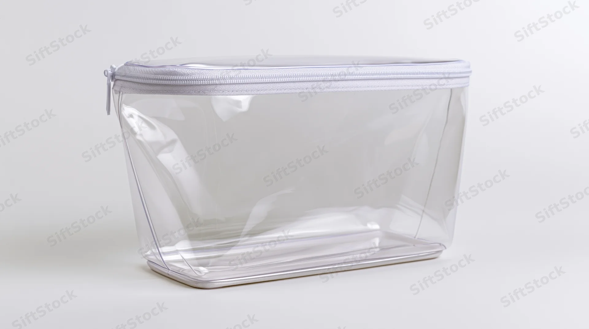 Clear zippered toiletry pouch sitting upright on white background