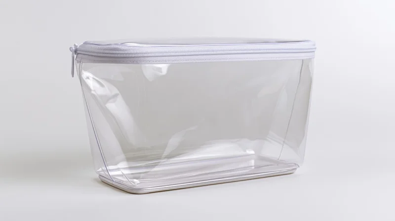 Clear zippered toiletry pouch sitting upright on white background