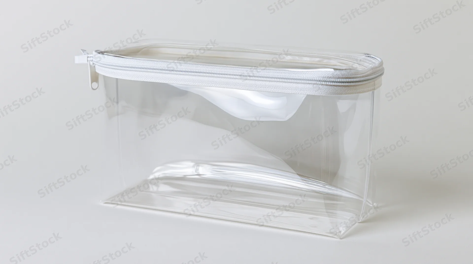 Clear plastic toiletry pouch with white zipper sitting upright on white surface
