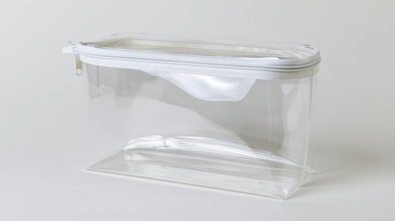 Clear plastic toiletry pouch with white zipper sitting upright on white surface