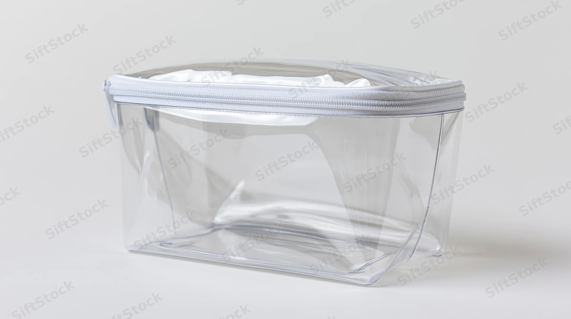 Clear transparent plastic toiletry pouch with zipper sitting upright on white surface