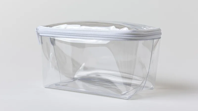 Clear transparent plastic toiletry pouch with zipper sitting upright on white surface