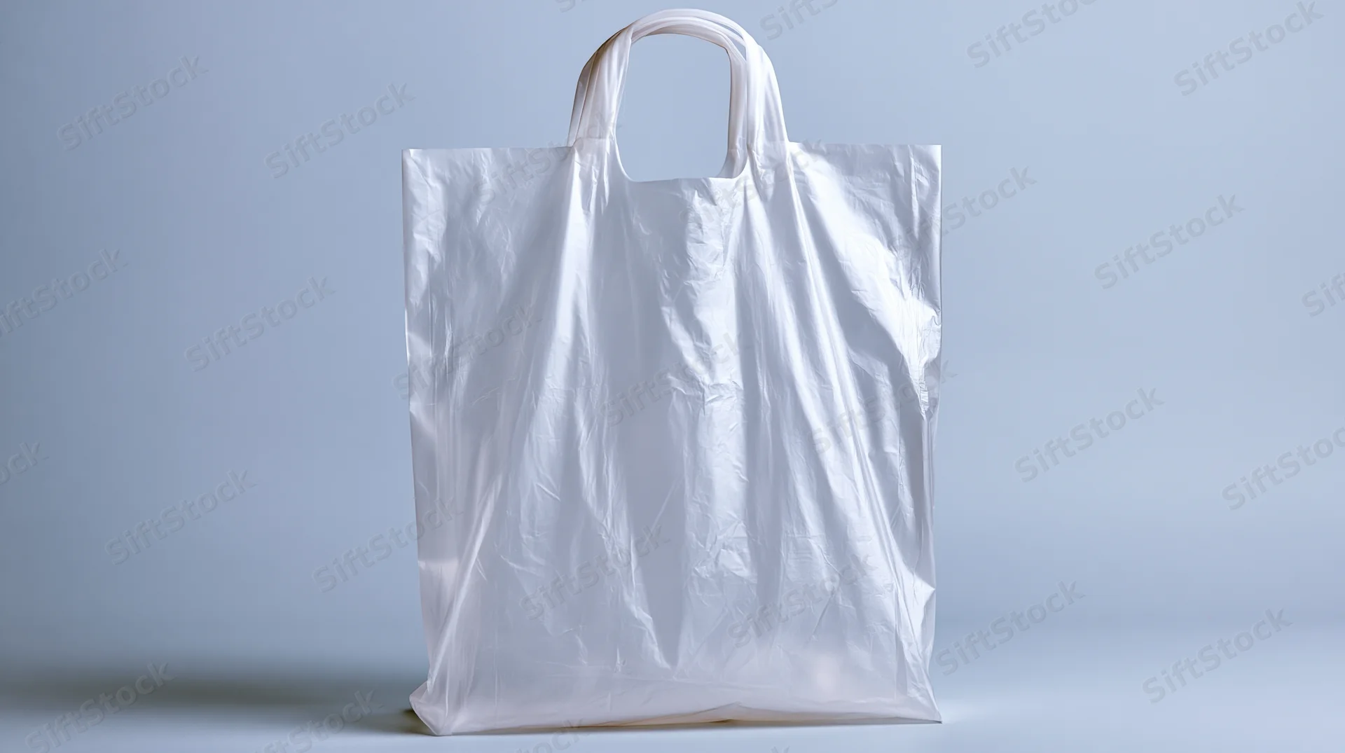 White plastic shopping bag with crumpled surface and rigid handles standing on plain background