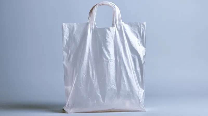 White plastic shopping bag with crumpled surface and rigid handles standing on plain background