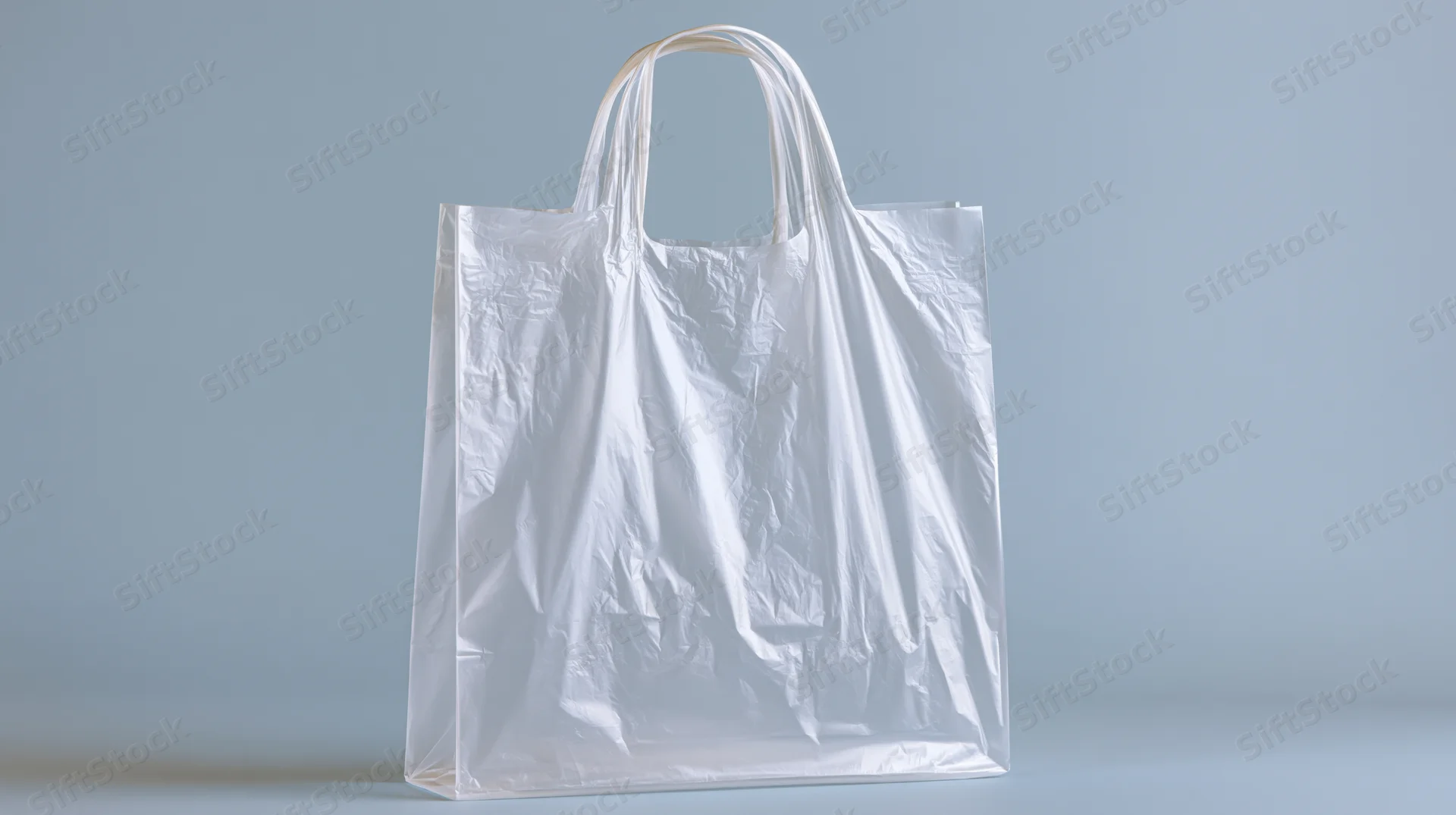 Transparent plastic shopping bag with crumpled surface and rigid handles on a plain background