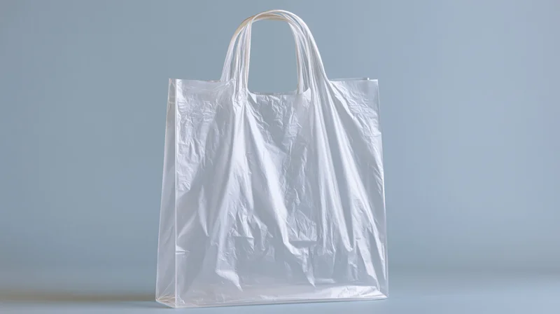 Transparent plastic shopping bag with crumpled surface and rigid handles on a plain background