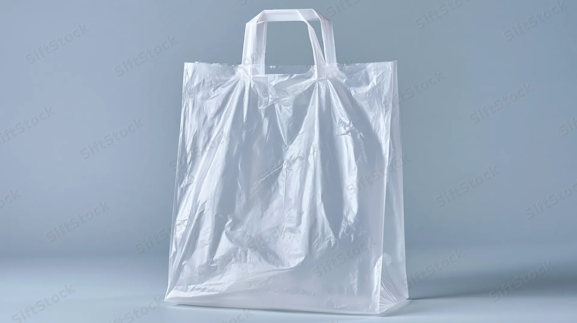 Transparent plastic shopping bag with rigid handles standing on a plain surface