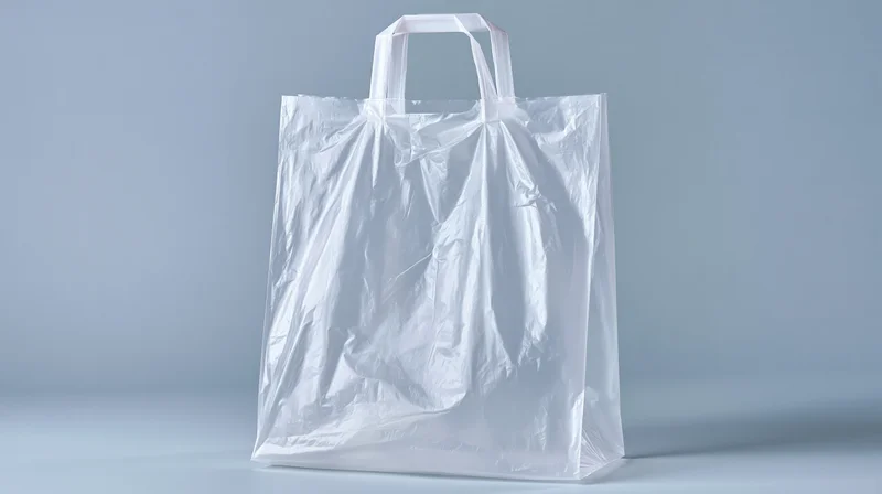 Transparent plastic shopping bag with rigid handles standing on a plain surface