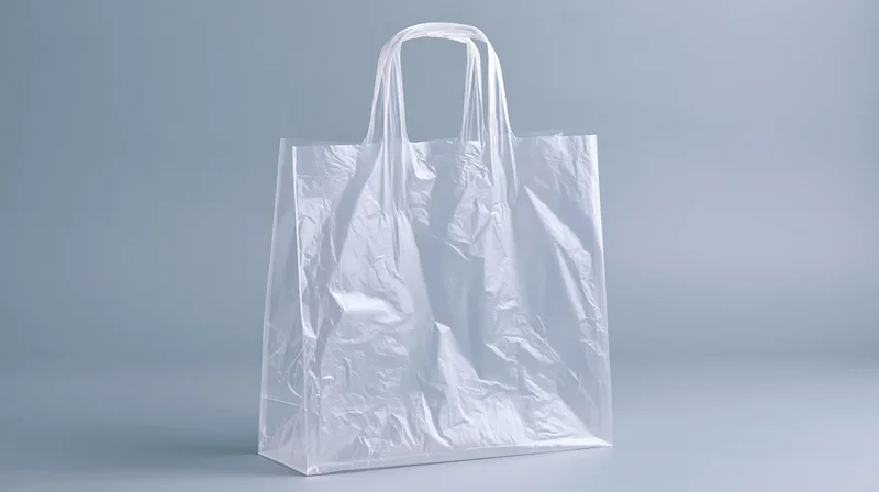 Transparent plastic shopping bag with crumpled surface and rigid handles on plain background