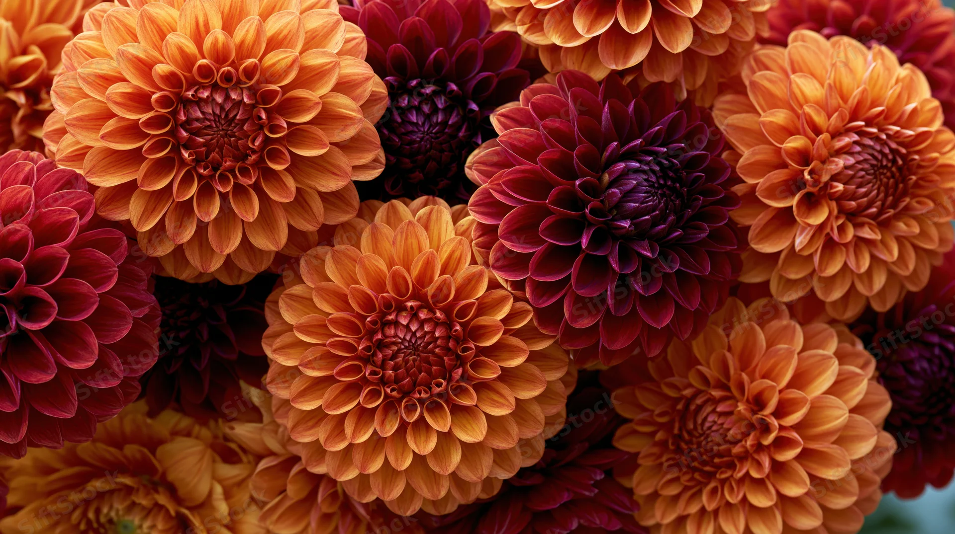 Close-up cluster of orange and deep red dahlia blooms filling the frame