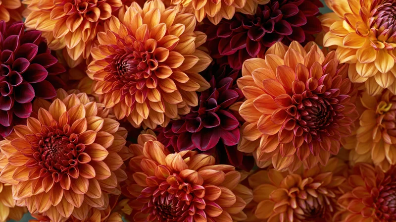 Close-up cluster of orange and deep red dahlia blooms filling the frame